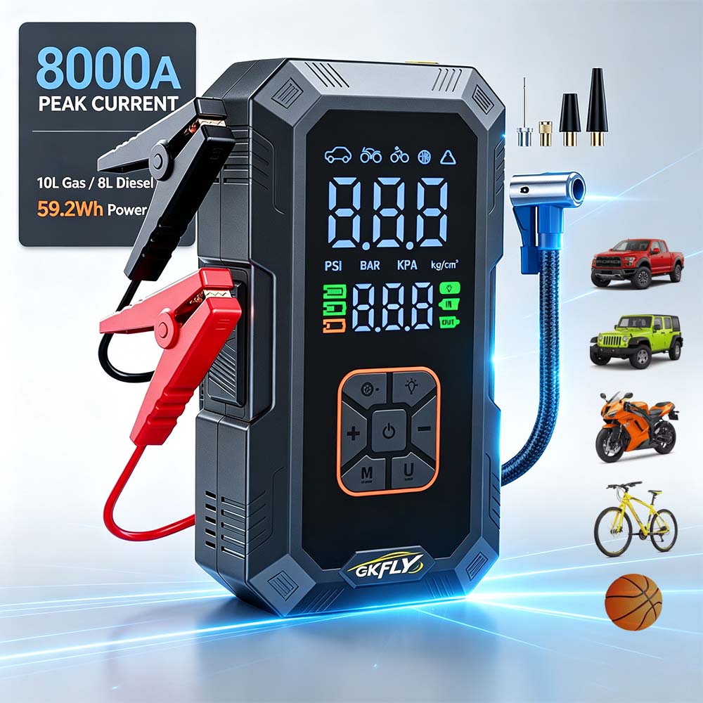 Power Banks - เครื่องจั๊มพ์สตาร์ทรถยนต์ 4-in-1 กระแสไฟสูงสุด 8000A ปั๊มลมยาง 150PSI