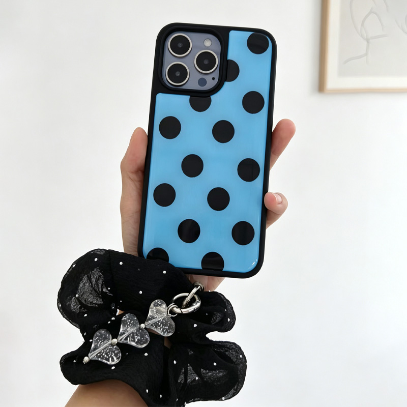 Clear Shockproof Bumper Case - เคสโทรศัพท์ลายจุดสีน้ำเงินดำ พร้อมสายรัดข้อมือรูปหัวใจใสประดับเพชรดำ สายคล้องข้อมือกันกระแทก ฝาครอบกันกระแทก