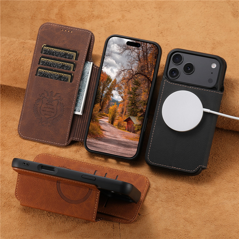 Leather Wallet Card Holder Phone Cover - เคสโทรศัพท์แบบกระเป๋าหนังย้อนยุค ฝาพับแม่เหล็กแข็งแรง สำหรับ iPhone 12 13